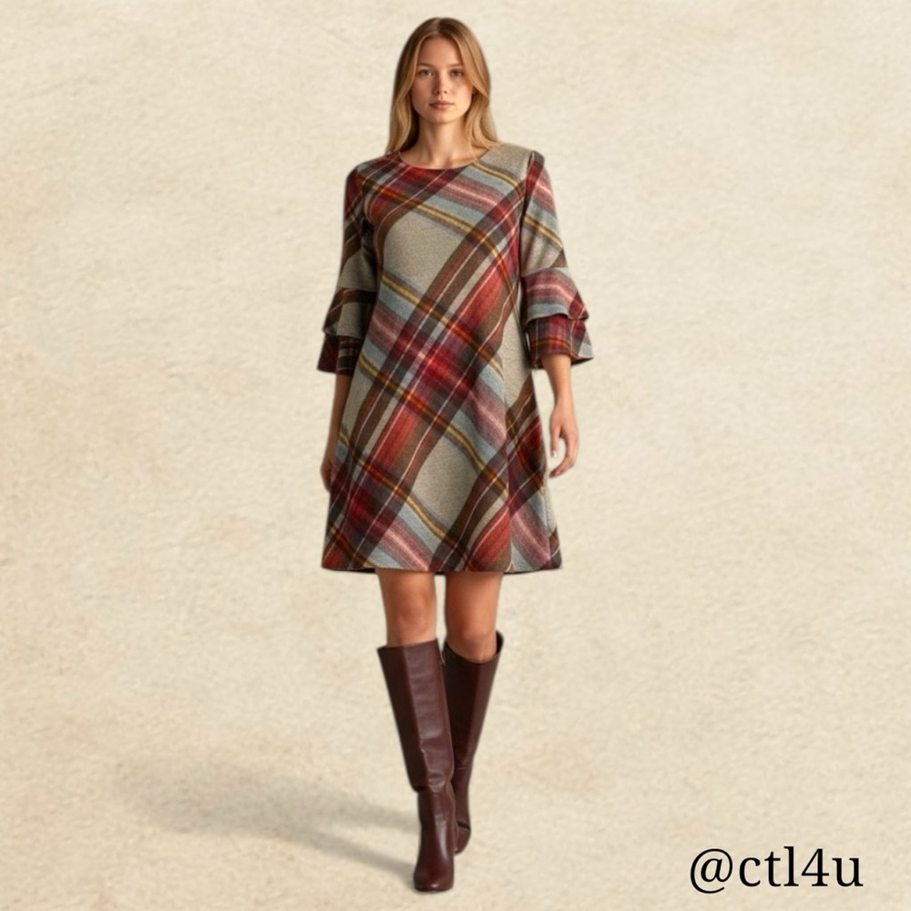 R&K Plaid Bell Sleeve Swing Dress 10 Fall Holiday Cozy Work Casual Retro